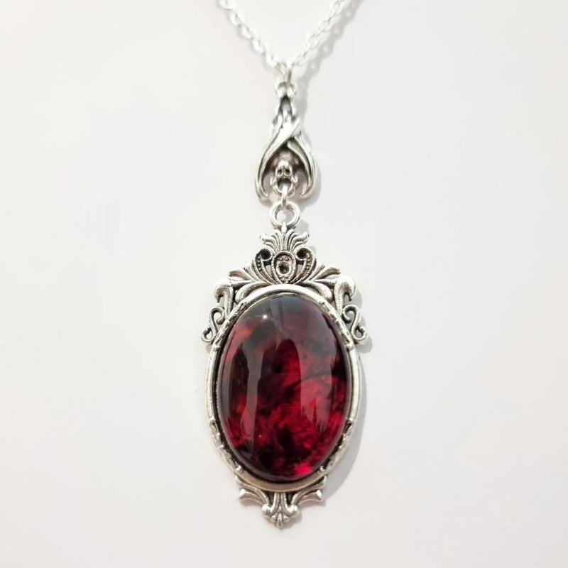 IS4U Gothic Vampire Necklace Vintage Stardust Crystal Cameo Pendant Necklace Punk Style Vampire Pendant Oval Necklace Satanic Demon Red Pendant Necklace Jewelry - Image 2